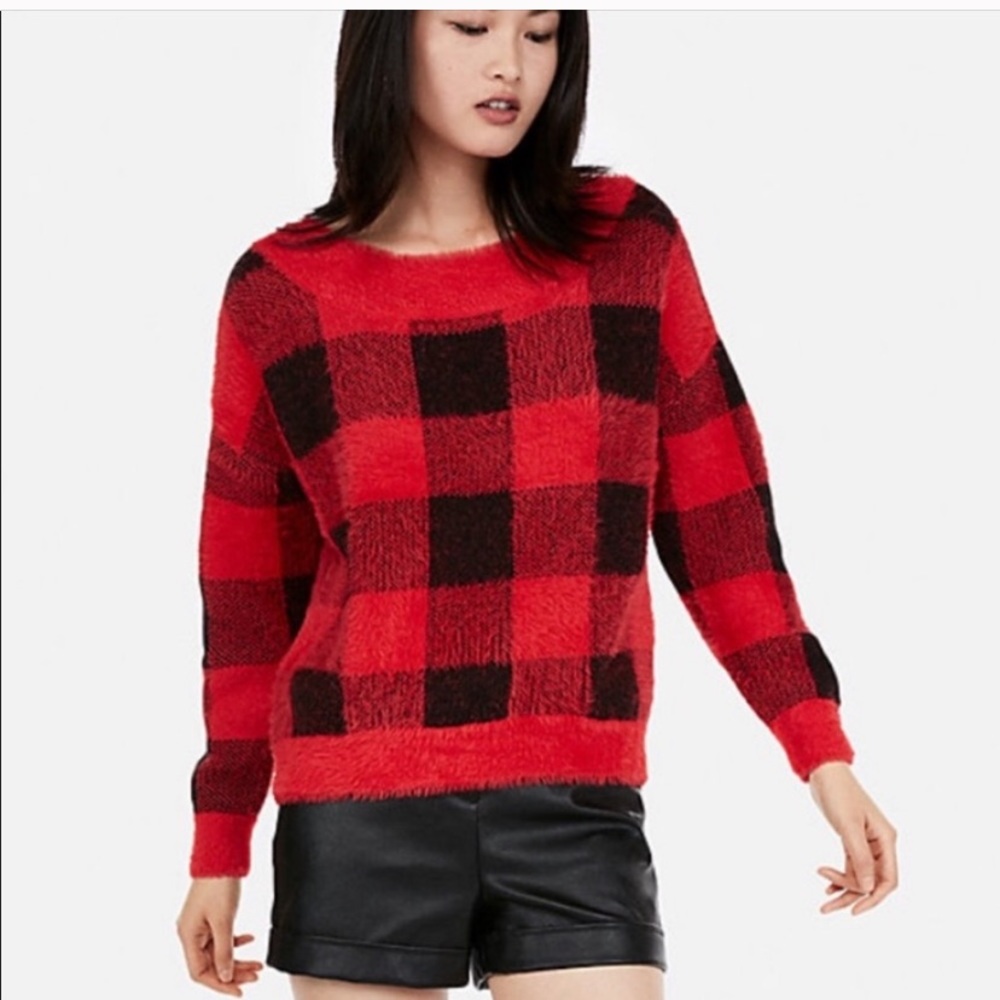 NWT Fuzzy Buffalo Plaid Sweater Off Shoulder